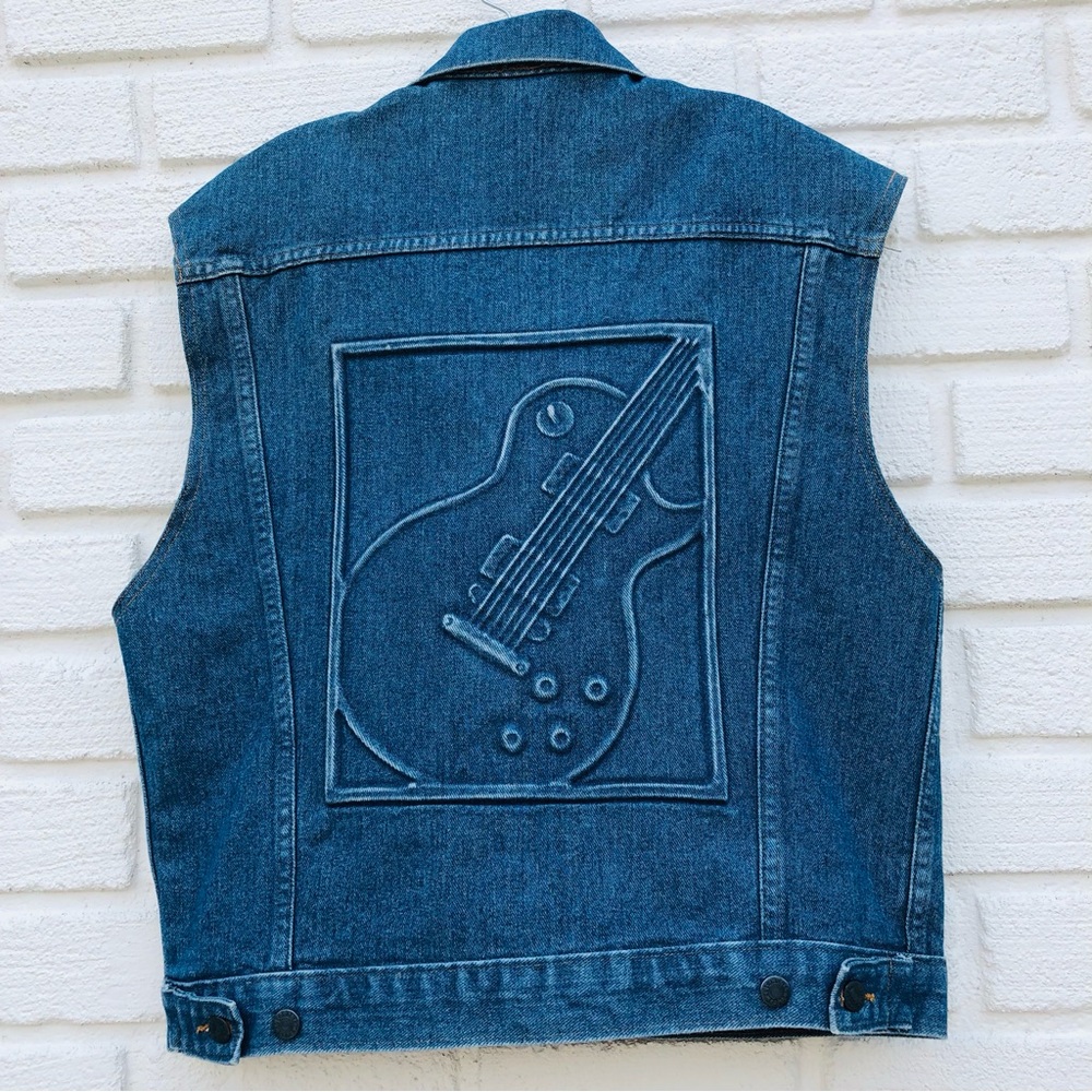 Vintage Tyca Trucker Jean Jacket Guitar Embroidered Men’s Size Small USA Made